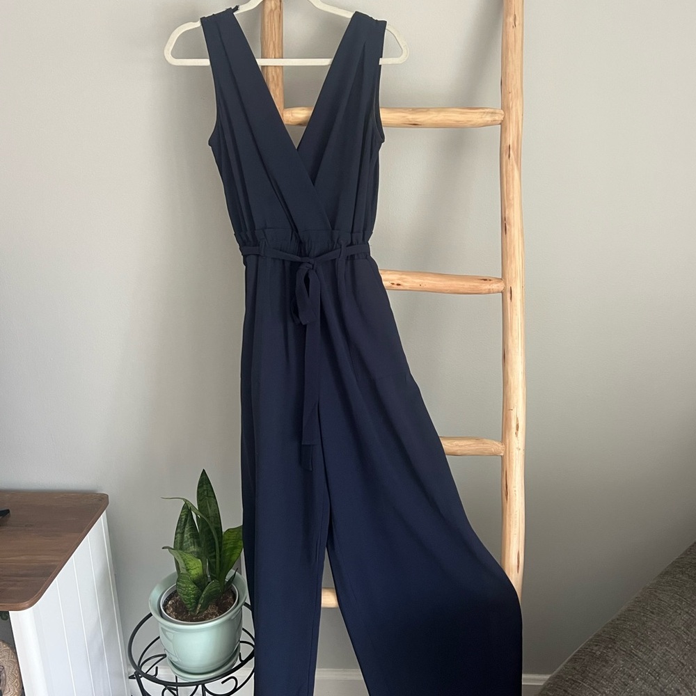 Monteau Navy Sleeveless V-Neck Wide-Leg Jumpsuit with Tie Waist